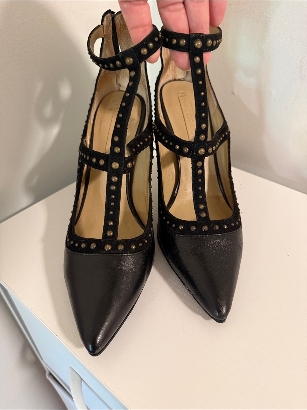 BCBG Black Studded T‑Strap Pointed Pumps